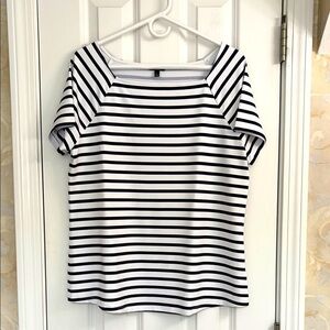 Talbots Striped Navy and White Double Knit Top with Square-neck.Size L. EUC